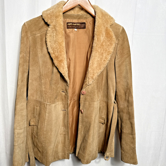 Vintage 1970s Split End Ltd Leather Jacket Women’s Medium Wool Trim Belted FLAWS - Picture 10 of 12